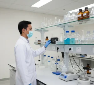 “Teknisi laboratorium Indonesia memeriksa layar air quality meter PCE-AQD 50 yang terpasang di dinding ruang lab modern untuk memantau kadar CO₂, suhu, dan kelembapan.”