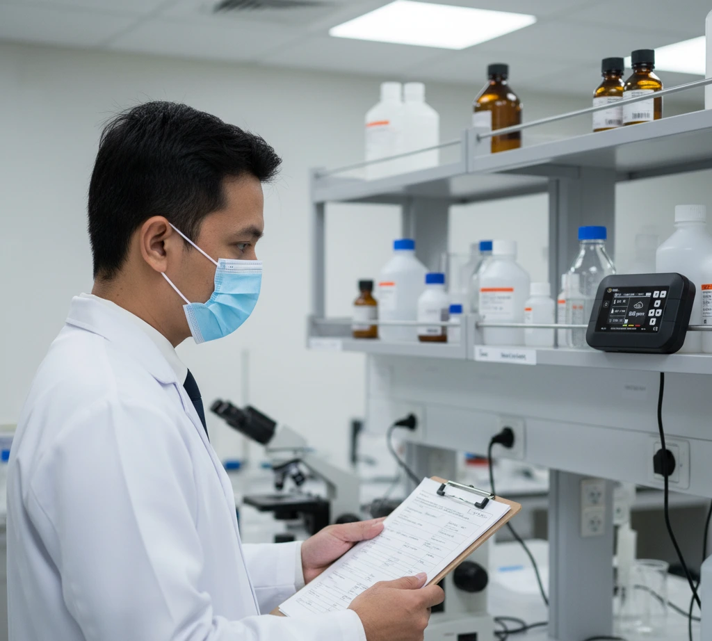 Teknisi laboratorium Indonesia memeriksa layar Air Quality Meter PCE-AQD 50-ICA yang terpasang di dinding untuk memantau CO₂, suhu, dan kelembapan di ruang lab.