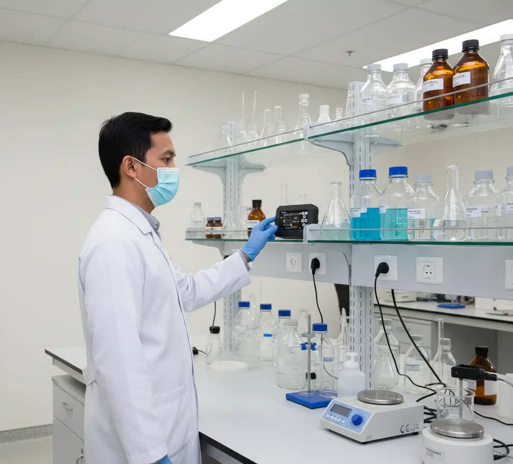 “Teknisi laboratorium Indonesia memeriksa layar air quality meter PCE-AQD 50 yang terpasang di dinding ruang lab modern untuk memantau kadar CO₂, suhu, dan kelembapan.”