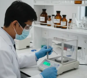 Analis laboratorium Indonesia sedang menimbang reagen kimia di atas timbangan analitik PCE-BS 300 di meja laboratorium, dengan pelindung angin transparan dan display digital menyala jelas.