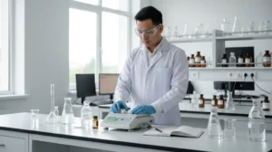 Analis laboratorium Indonesia menimbang sampel air menggunakan timbangan analitik PCE-BS 3000 di meja laboratorium kualitas air yang modern dan rapi.