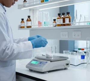 “Analis laboratorium Indonesia menimbang sampel kimia di atas timbangan analitik PCE-BS 3000 dengan layar digital menyala di meja laboratorium modern.”
