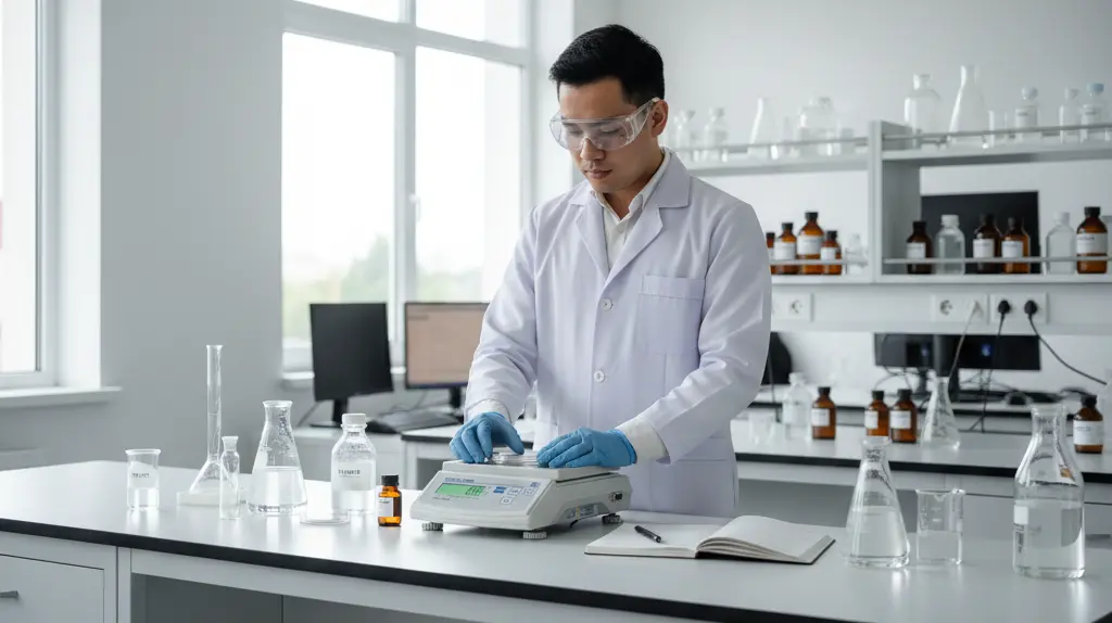 Analis laboratorium Indonesia menimbang sampel air menggunakan timbangan analitik PCE-BS 3000 di meja laboratorium kualitas air yang modern dan rapi.