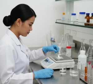 Seorang analis laboratorium Indonesia mengenakan jas lab putih sedang menimbang sampel kimia di atas timbangan analitik PCE-BS 6000-ICA di meja kerja stainless steel.