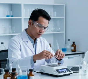 Seorang teknisi laboratorium Indonesia sedang menimbang sampel kimia di atas timbangan analitik PCE-BSK 1100 di meja lab, dengan layar digital ber-backlight yang menampilkan hasil 0,01 g dan beberapa peralatan gelas di sekitarnya.