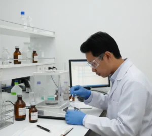 Analis laboratorium Indonesia menimbang sampel kimia di timbangan analitik PCE-BSK 310 di meja lab pengolahan air dengan komputer pencatat data di sampingnya.