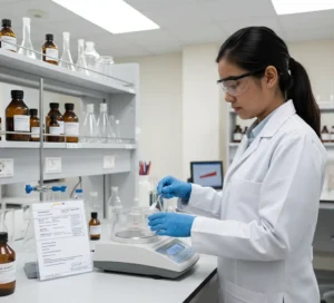 Analis laboratorium Indonesia menimbang serbuk kimia pada Analytical Balance PCE-BT 200-ICA di meja kerja, lengkap dengan pelindung angin dan peralatan gelas di sekitarnya.