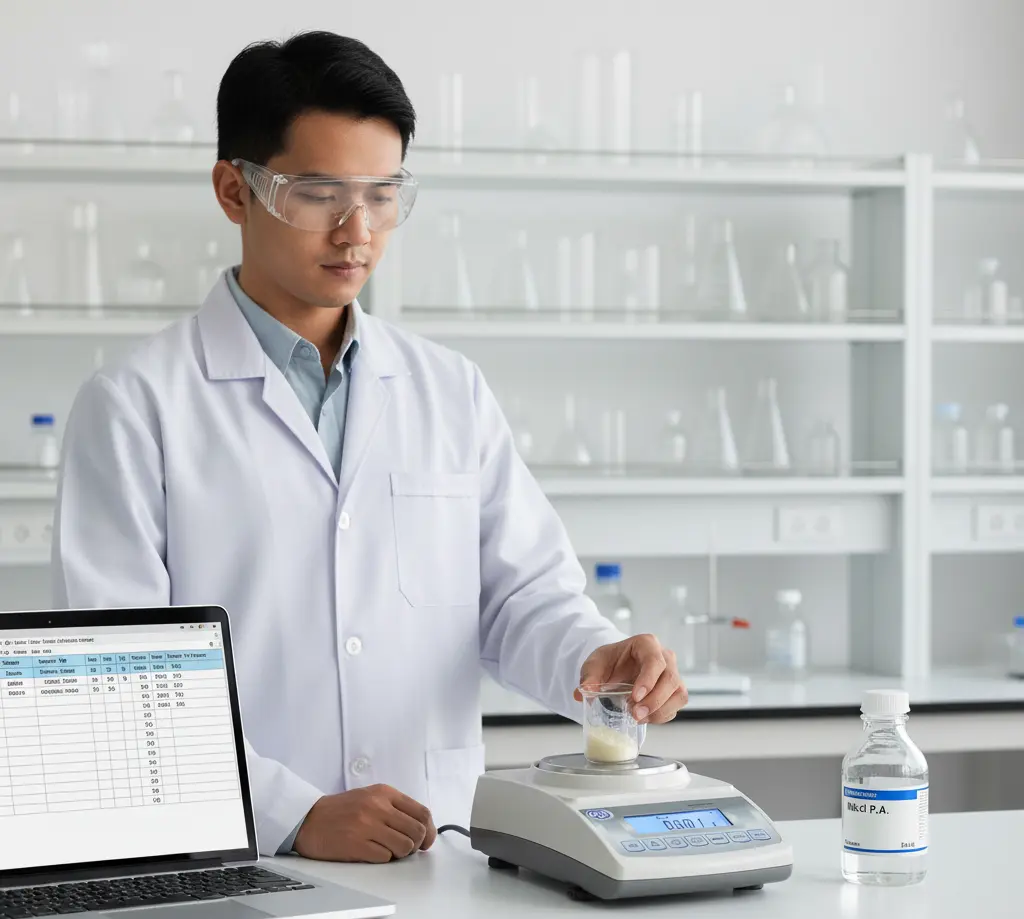 “Analis laboratorium Indonesia menimbang sampel di neraca analitik PCE-BT 200 di meja lab dengan botol reagen dan laptop di sekitarnya”