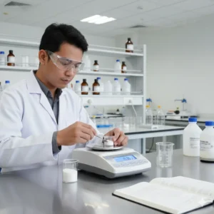 Seorang analis laboratorium Indonesia sedang menimbang reagen kimia di atas timbangan analitik PCE-BT 2000-ICA di meja laboratorium kualitas air yang bersih dan rapi, dengan botol reagen dan gelas beaker di latar belakang.