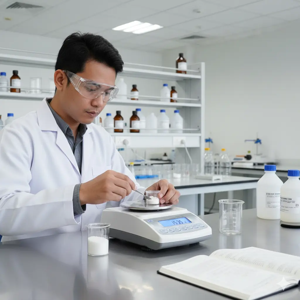Seorang analis laboratorium Indonesia sedang menimbang reagen kimia di atas timbangan analitik PCE-BT 2000-ICA di meja laboratorium kualitas air yang bersih dan rapi, dengan botol reagen dan gelas beaker di latar belakang.