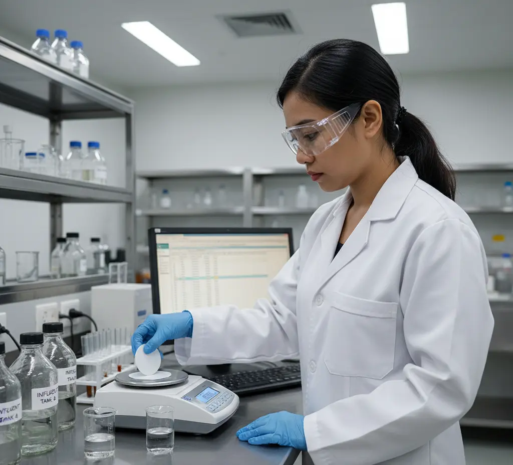 “Analis laboratorium Indonesia menimbang sampel di timbangan analitik PCE-BT 2000 di laboratorium pengolahan air limbah.”