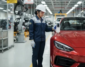 Teknisi Indonesia menggunakan colorimeter PCE-CSM 5-ICA untuk mengukur warna panel bodi mobil di lini produksi otomotif premium.