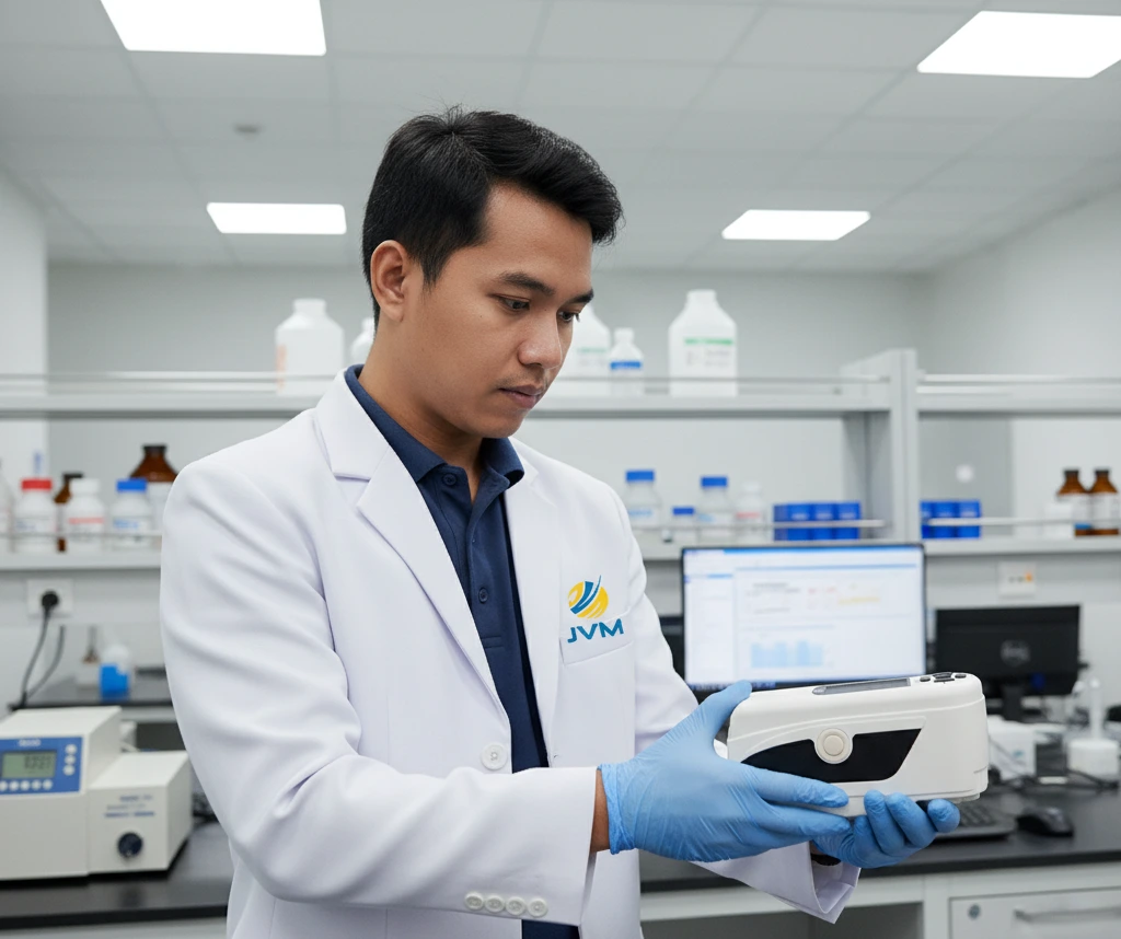 Teknisi laboratorium Indonesia menggunakan colorimeter portabel untuk mengukur warna sampel material di meja pengujian kualitas industri.