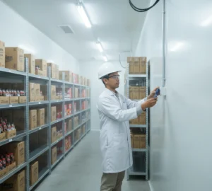 Teknisi QA Indonesia memasang data logger suhu dan kelembapan PCE-H 71N di dinding cold storage pabrik minuman untuk monitoring suhu dan kelembapan ruang penyimpanan.