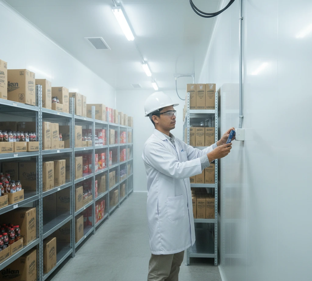 Teknisi QA Indonesia memasang data logger suhu dan kelembapan PCE-H 71N di dinding cold storage pabrik minuman untuk monitoring suhu dan kelembapan ruang penyimpanan.