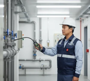 Teknisi Indonesia memegang PCE-HLD 10 air quality meter dan memeriksa kebocoran hidrogen pada sambungan pipa di instalasi pengolahan air.