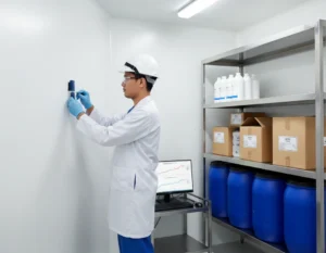 “Teknisi laboratorium Indonesia memasang data logger suhu dan kelembapan PCE-HT71N di dinding cold room berisi rak bahan baku minuman”