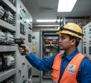 Teknisi Indonesia menggunakan infrared thermometer untuk mengukur suhu panel listrik di lingkungan industri