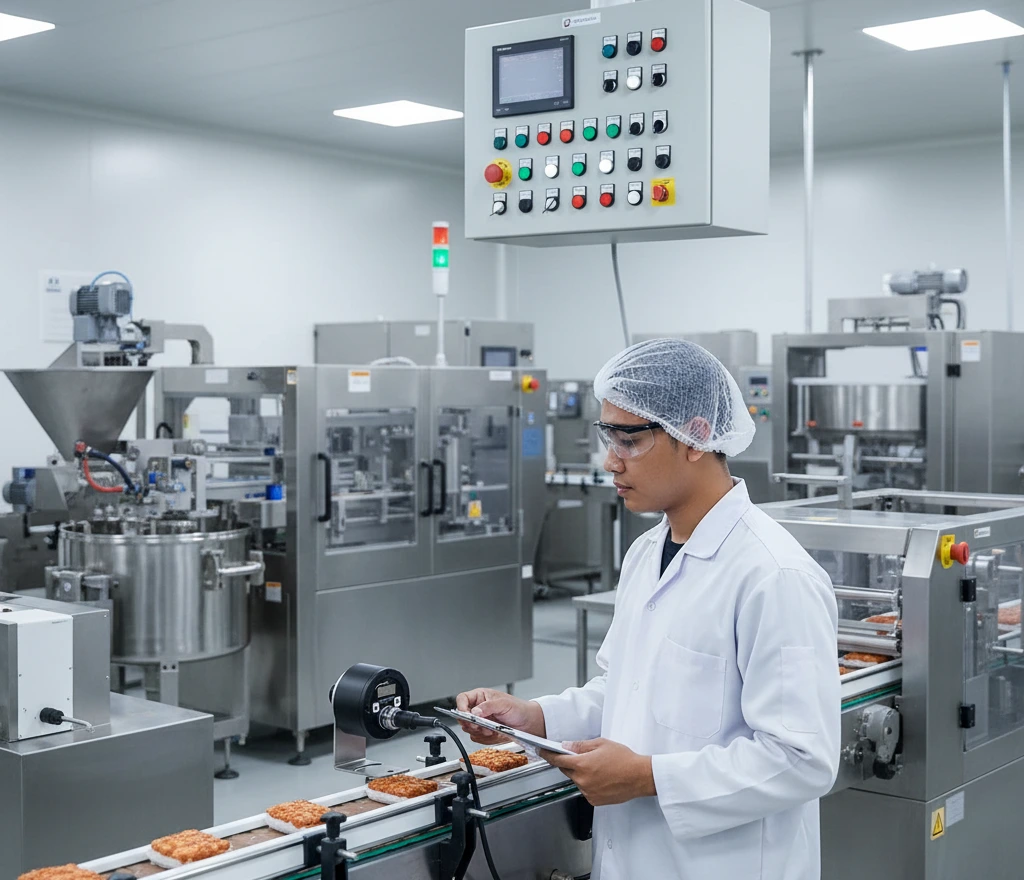 Teknisi Indonesia menggunakan thermometer infrared PCE-IRT 10 pada lini produksi makanan untuk memantau suhu secara real-time tanpa kontak langsung.