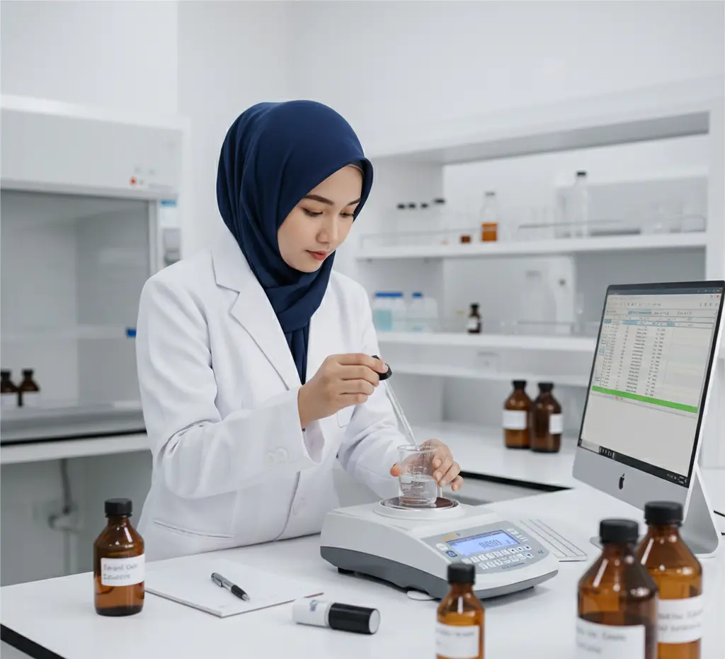 Analis laboratorium Indonesia menimbang sampel larutan kualitas air menggunakan timbangan analitik PCE-LSE 320 di meja lab modern.