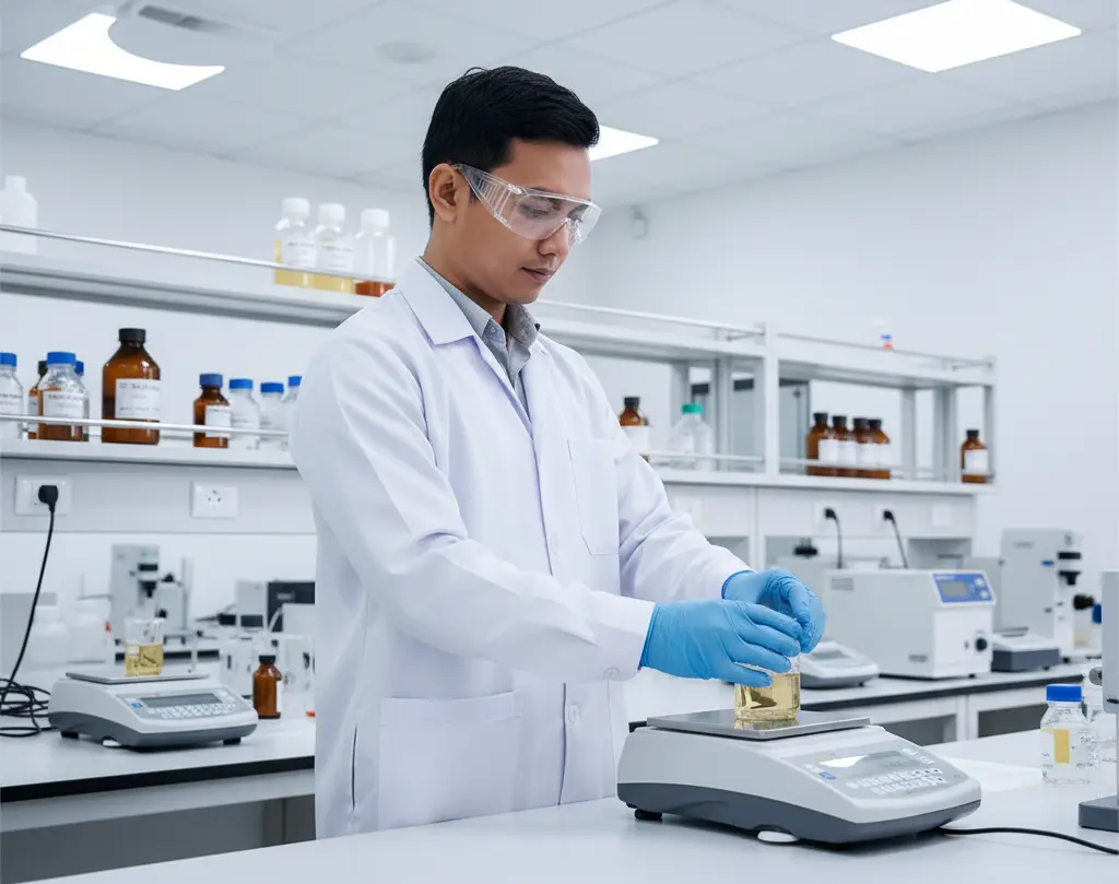 Seorang analis laboratorium Indonesia sedang menggunakan timbangan analitik PCE-LSE 3200 di meja kerja, menimbang sampel cairan dalam beaker dengan latar belakang rak berisi botol reagen dan peralatan laboratorium lain di lingkungan QA/QC pabrik minuman yang modern dan rapi.