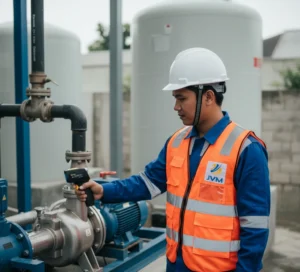 Teknisi Indonesia menggunakan infrared thermometer untuk mengukur suhu permukaan pompa industri di instalasi pengolahan air