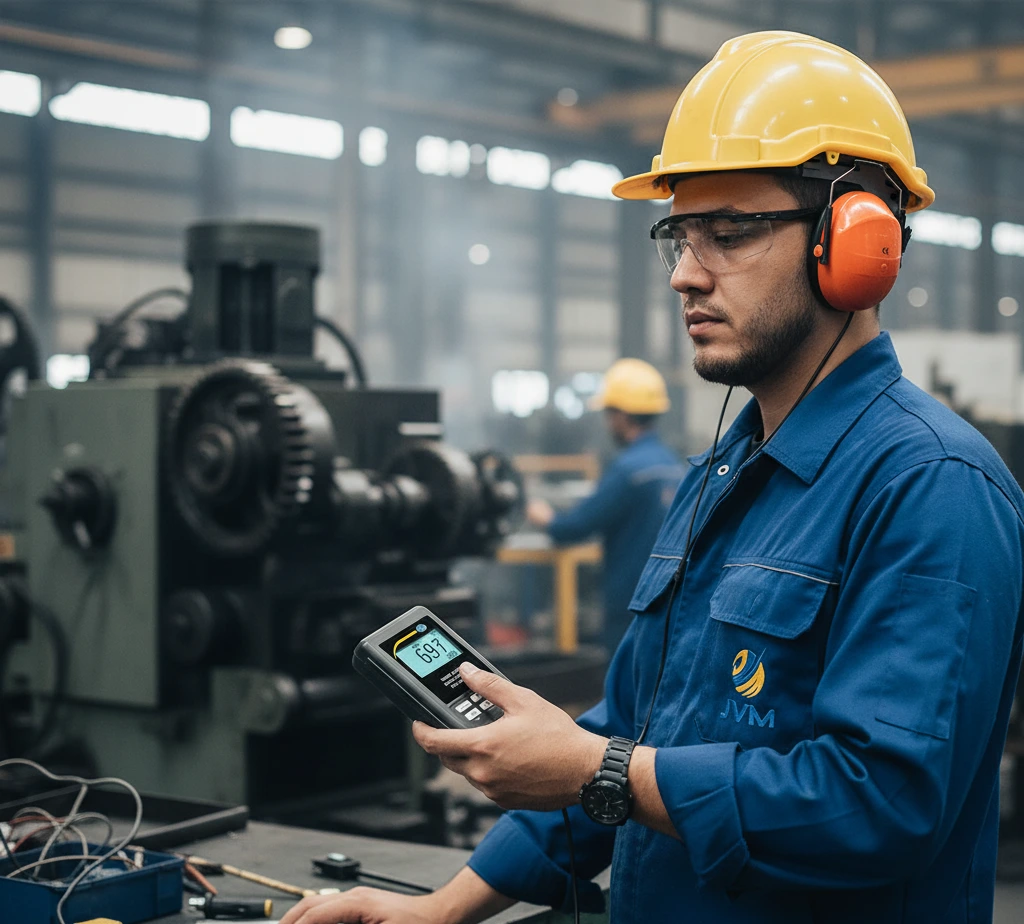 Teknisi Indonesia menggunakan sound level meter PCE-NDL 10 untuk mengukur kebisingan di lingkungan industri dengan mesin aktif di latar belakang.