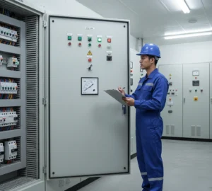 Teknisi Indonesia memeriksa indikator daya analog PCE-PA39 yang terpasang pada panel listrik di instalasi pengolahan air limbah.