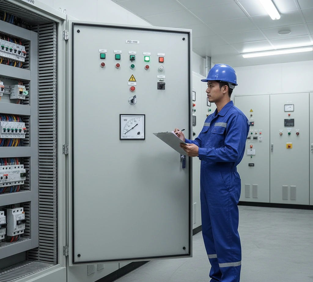 Teknisi Indonesia memeriksa indikator daya analog PCE-PA39 yang terpasang pada panel listrik di instalasi pengolahan air limbah.