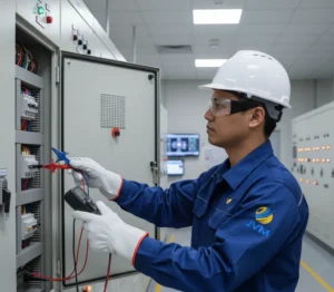 Teknisi Indonesia menggunakan multimeter PCE-PI 10 untuk mengukur urutan fasa pada panel listrik industri dengan alat terhubung menggunakan crocodile clips