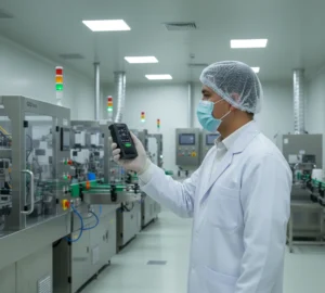 Teknisi laboratorium Indonesia memegang PCE-RCM 10 particle counting meter saat mengukur PM2.5 dan PM10 di ruang produksi farmasi yang bersih dengan mesin dan sistem HVAC di latar belakang.