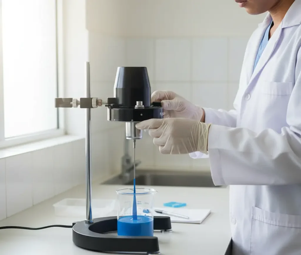 Teknisi laboratorium Indonesia mengoperasikan PCE-RVI 1 analogue dial reading viscometer untuk mengukur viskositas sampel cat biru di beaker kaca pada meja QC.