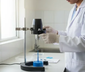 Teknisi laboratorium Indonesia mengoperasikan PCE-RVI 1 analogue dial reading viscometer untuk mengukur viskositas sampel cat biru di beaker kaca pada meja QC.