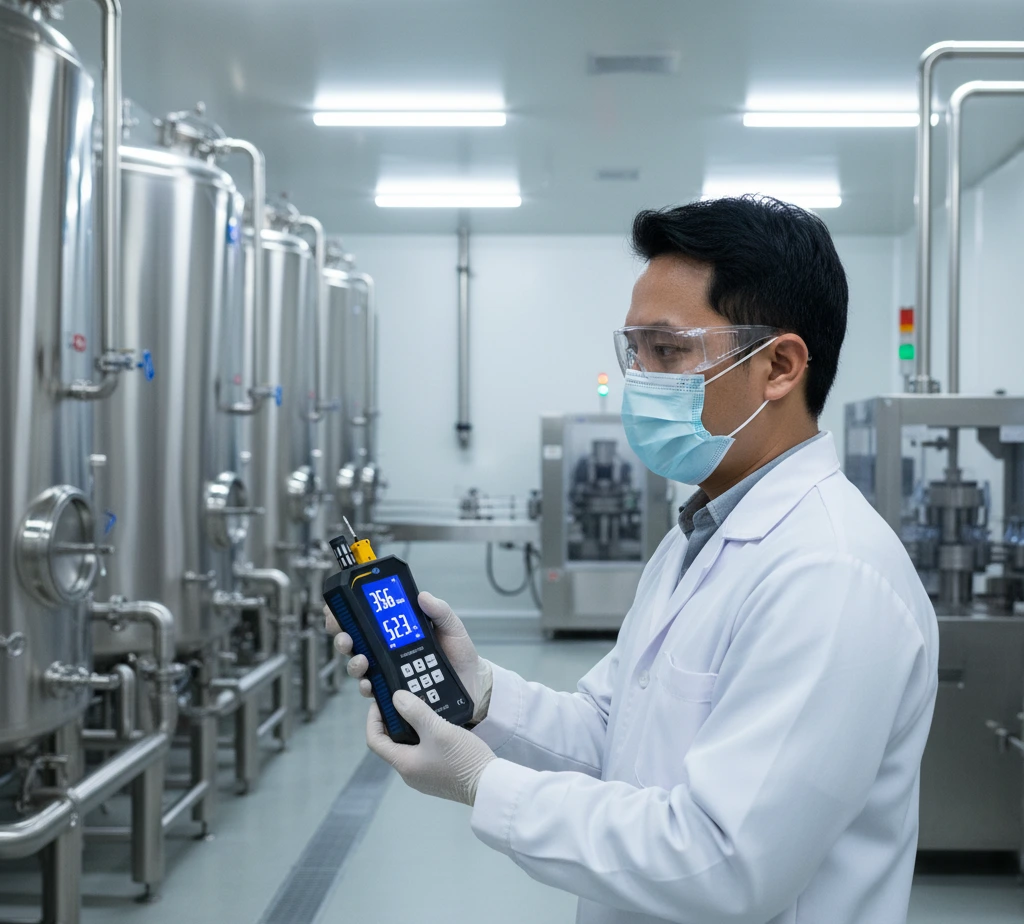 Seorang teknisi laboratorium Indonesia menggunakan Air Humidity Meter PCE-THD 50-ICA untuk mengukur suhu dan kelembapan di ruang produksi minuman dengan latar tangki stainless dan instalasi pipa.