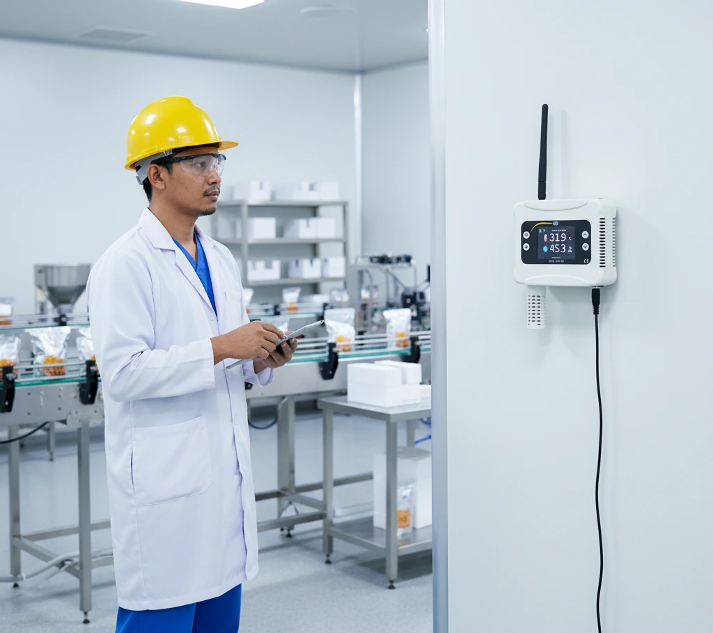 Teknisi laboratorium Indonesia memeriksa Air Humidity Meter PCE-THT 10 yang terpasang di dinding ruang produksi bersih dengan layar berwarna menampilkan suhu dan kelembapan ruangan.