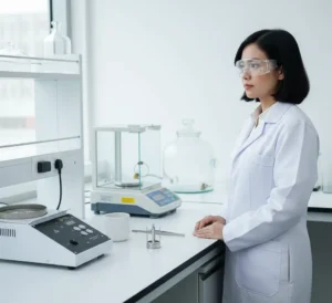 Analis laboratorium Indonesia menggunakan ash content analyzer/incinerator PCE-UX 052 dengan layar LCD menyala, menyiapkan pan sampel kecil di meja lab yang rapi, dengan timbangan analitik dan desikator di sampingnya.