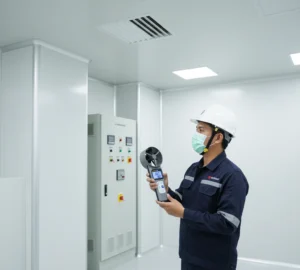 Teknisi Indonesia memeriksa diffuser udara di ruang produksi farmasi menggunakan alat PCE-VA 20 untuk mengukur kecepatan aliran udara dan kelembapan ruangan.