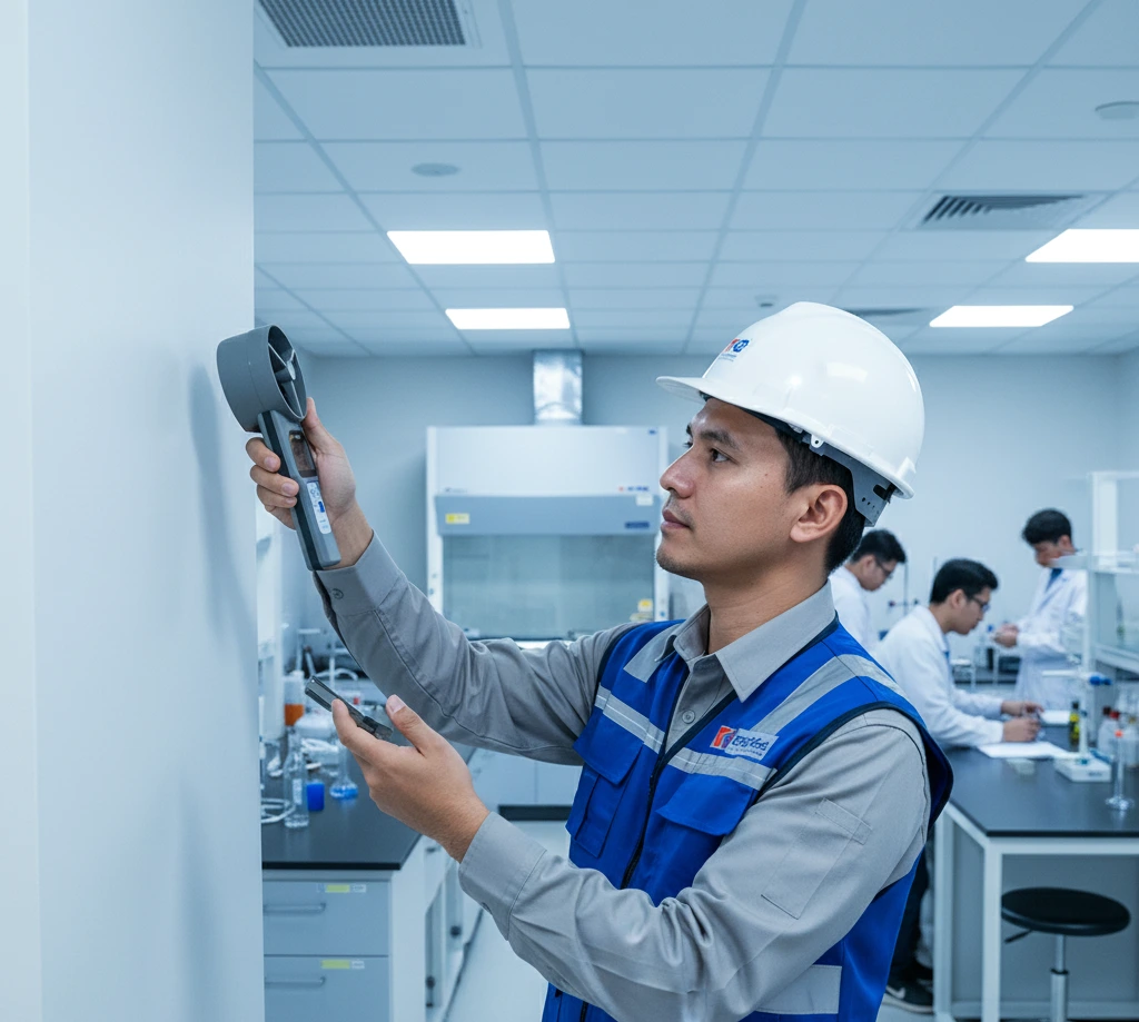 Teknisi laboratorium Indonesia mengukur kecepatan udara dan kelembapan di depan diffuser AC menggunakan PCE-VA 20-ICA air flow dan humidity meter portabel.