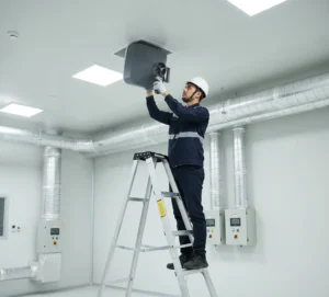 Seorang teknisi HVAC Indonesia sedang mengukur aliran udara dan kelembapan di diffuser plafon ruang produksi menggunakan PCE-VA 20-SET air humidity meter dengan capture hood persegi, menampilkan situasi inspeksi nyata di fasilitas industri.