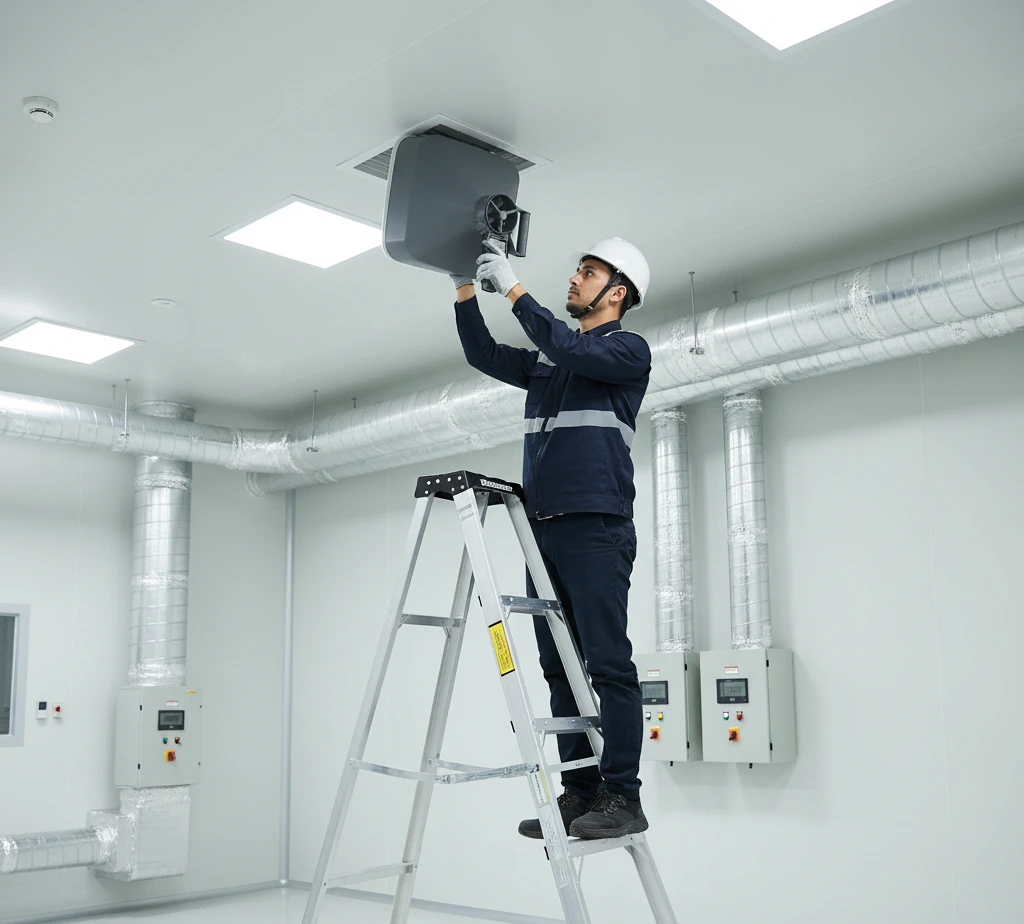 Seorang teknisi HVAC Indonesia sedang mengukur aliran udara dan kelembapan di diffuser plafon ruang produksi menggunakan PCE-VA 20-SET air humidity meter dengan capture hood persegi, menampilkan situasi inspeksi nyata di fasilitas industri.