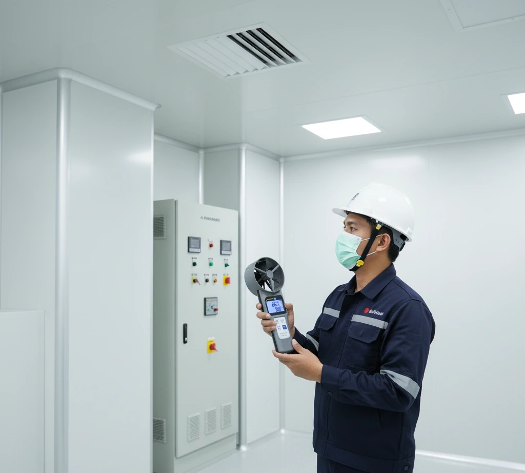 Teknisi Indonesia memeriksa diffuser udara di ruang produksi farmasi menggunakan alat PCE-VA 20 untuk mengukur kecepatan aliran udara dan kelembapan ruangan.