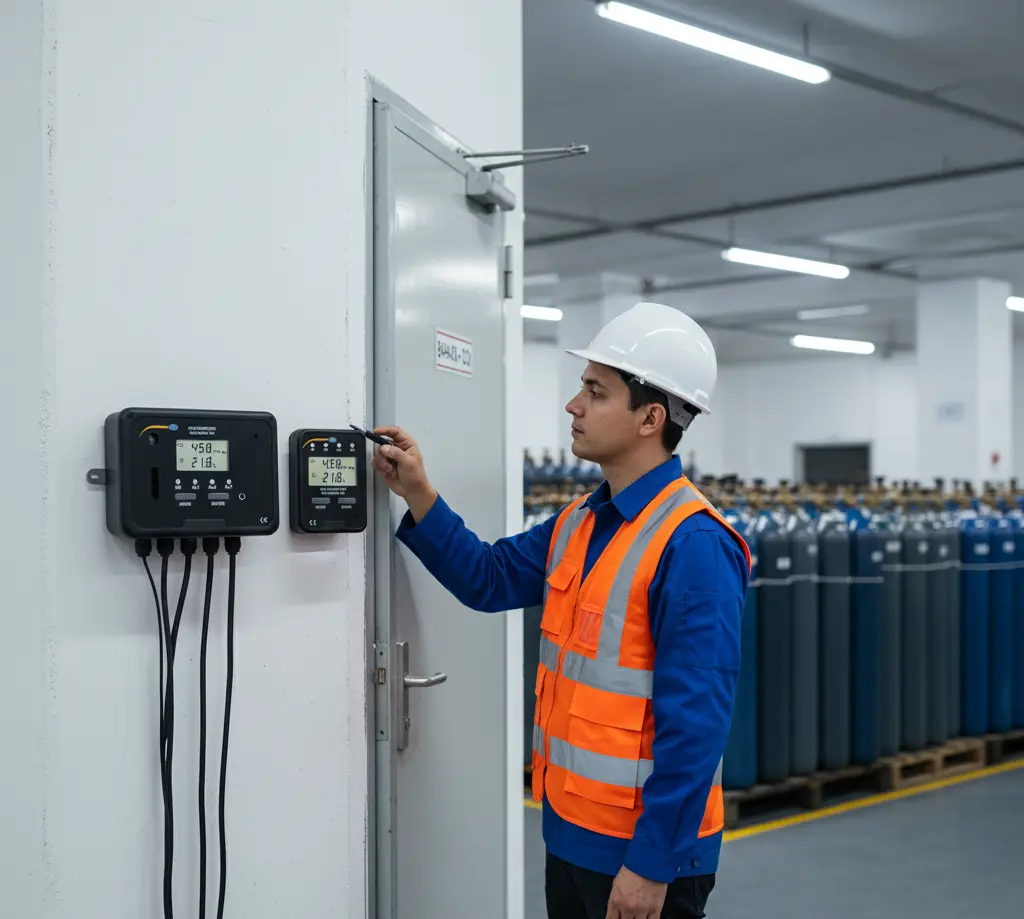 Teknisi K3 Indonesia memeriksa monitor PCE-WMM 100-ICA yang terpasang di dinding gudang silinder CO2 di pabrik minuman berkarbonasi, dengan tabung CO2 berbaris di latar belakang.