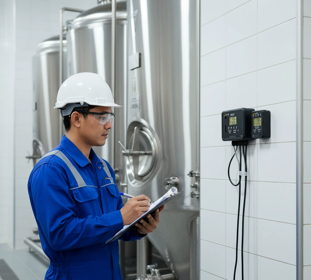 Teknisi Indonesia sedang memeriksa tampilan remote Air Quality Carbon Dioxide Meter PCE-WMM 100 yang terpasang di dinding ruang fermentasi, memantau kadar CO2 dan O2 untuk memastikan keamanan ruang kerja.