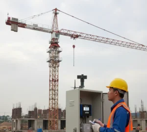 Teknisi Indonesia membaca layar LCD PCE-WSAC 50W+ 24 di panel monitoring, dengan sensor anemometer terpasang di area outdoor dekat crane.