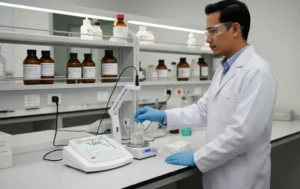 Analis laboratorium Indonesia sedang mengukur pH sampel air menggunakan Bante920 benchtop pH meter di meja laboratorium.