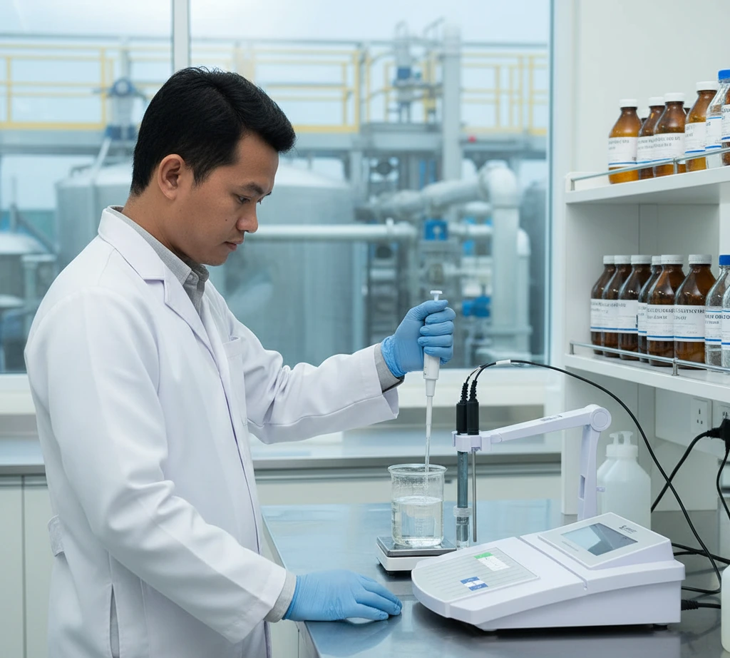 Seorang teknisi laboratorium Indonesia sedang menggunakan pH meter meja Bante PHS-3BW-CN untuk mengukur pH sampel air di laboratorium pengolahan air minum, dengan elektroda pH dan probe suhu terendam dalam beaker di atas meja kerja.