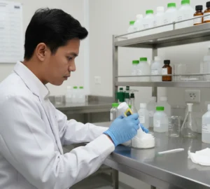 Seorang teknisi laboratorium Indonesia memakai jas lab putih sedang menempelkan pocket pH tester PHscan20F-E ke permukaan krim kosmetik di atas meja stainless steel untuk mengukur pH secara langsung pada sampel semisolid di ruang QC pabrik.