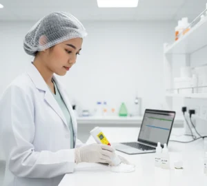 Seorang analis laboratorium Indonesia mengukur pH krim kosmetik di cawan kecil menggunakan PHscan20F-K pocket pH tester dengan elektroda permukaan datar di meja lab.