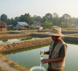 “Teknisi akuakultur Indonesia mengukur pH air kolam ikan menggunakan PHscan20L pocket pH tester dengan elektroda panjang di tepi kolam.”