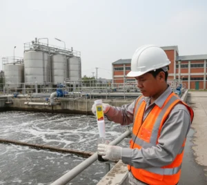 Seorang teknisi Indonesia memeriksa sampel air limbah pabrik makanan menggunakan pocket pH tester PHscan20S-E di tepi bak pengolahan, dengan instalasi WTP/WWTP sebagai latar belakang.